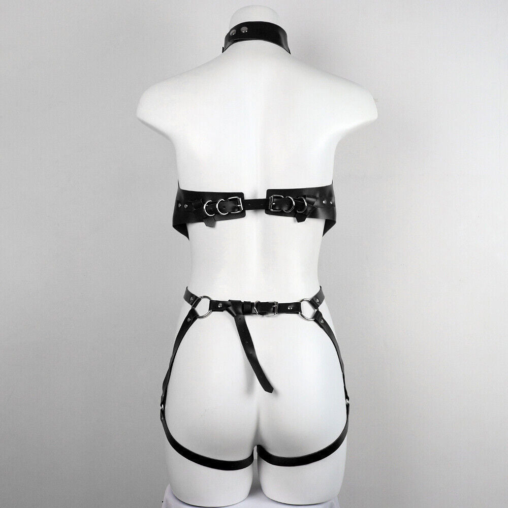 Body intero in pelle PU imbracatura bretelle cintura bondage BDSM body lingerie