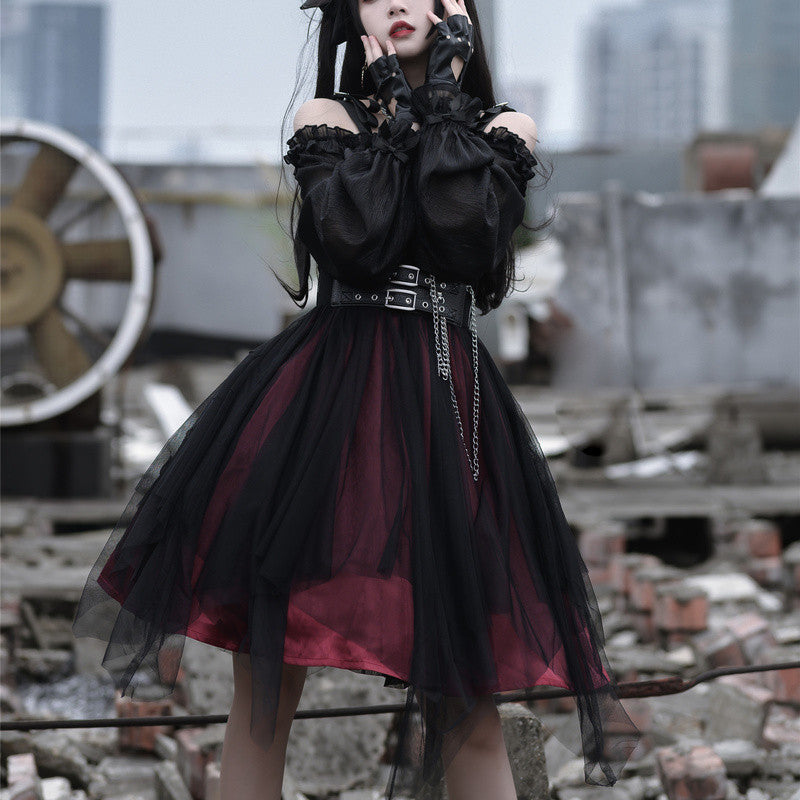 Abito gotico Lady Lolita maglia con volant manica a sbuffo steampunk cosplay irregolare