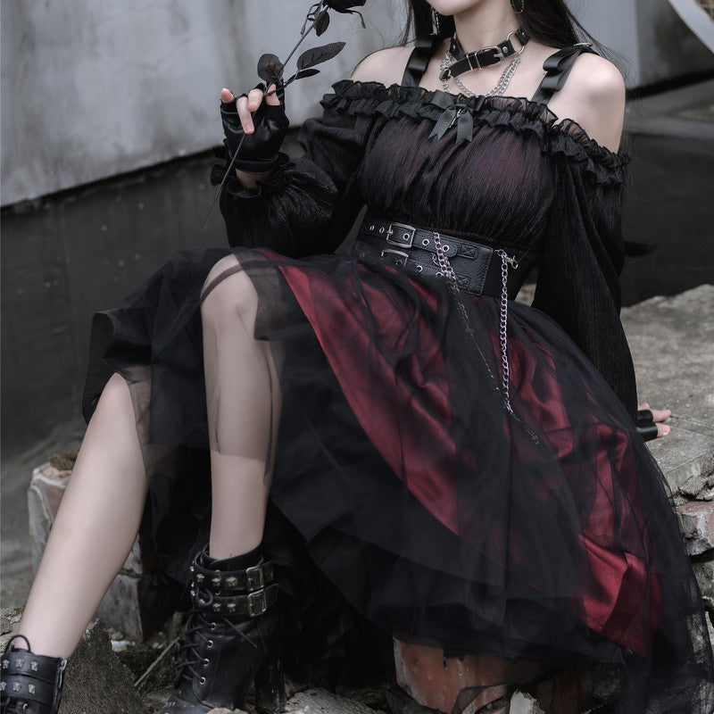 Abito gotico Lady Lolita maglia con volant manica a sbuffo steampunk cosplay irregolare