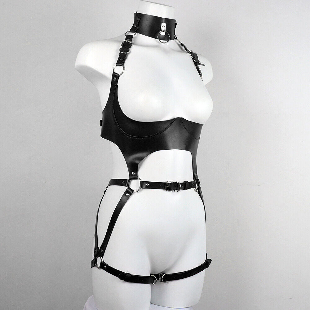 Body intero in pelle PU imbracatura bretelle cintura bondage BDSM body lingerie