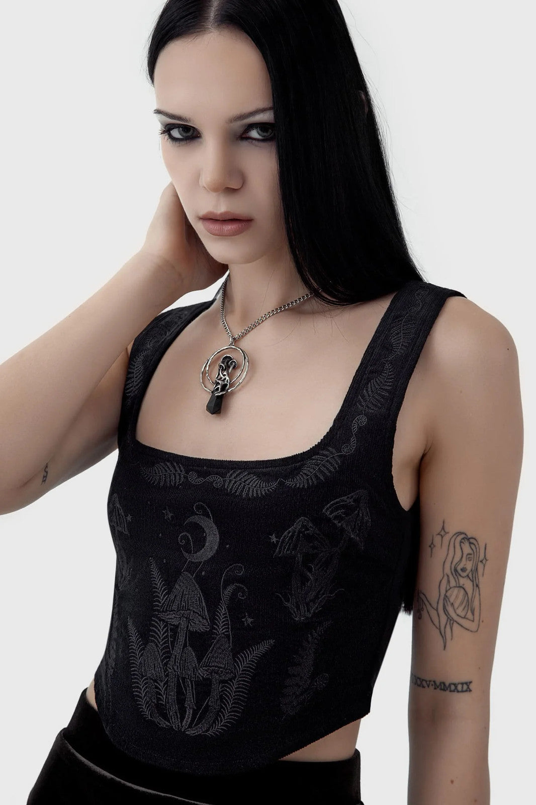 Corsetto Top KILLSTAR Perseis – Cotone Gotico con Ricami e Zip Dorata